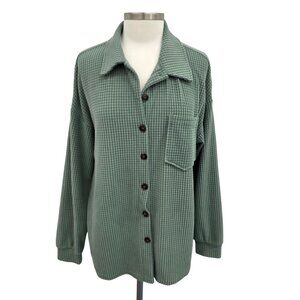 Green Waffle Knit Button-Up Shirt w/Chest Pocket & Long Sleeves Relaxed Fit